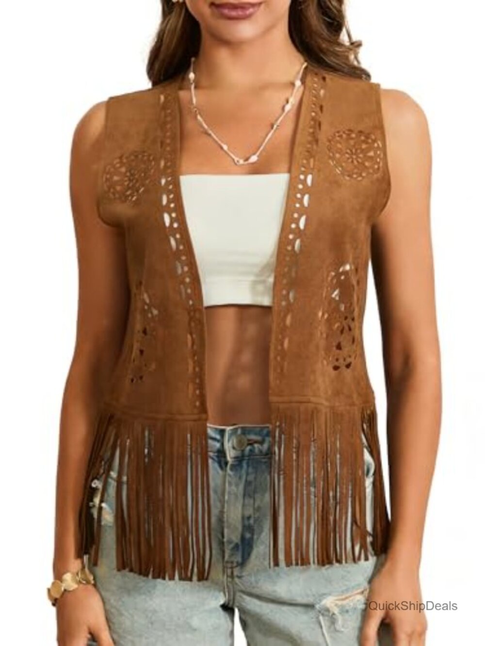 Suede Tassel Vest 70s Hippie Open Front Western Fringe Vest